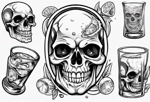 A smiling looking to the left scull inside the glass with alcohol and piece of lime tattoo idea