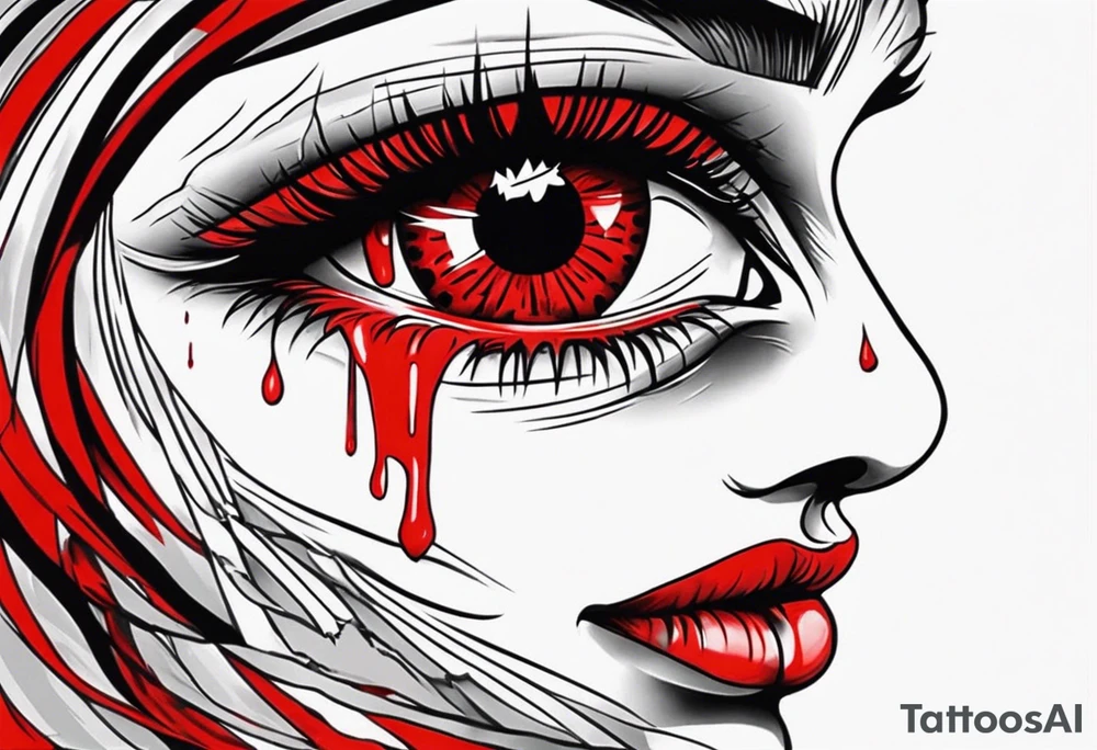 Bleeding tear draining to down from one red symmetrical
eye tattoo design model tattoo idea