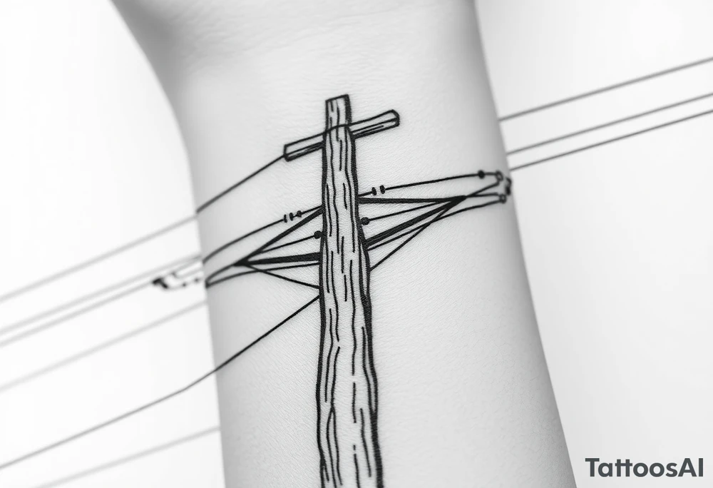a wooden 12kv distribution pole with electrical lines. Make the pole a cross that has a hidden resemblance to god. tattoo idea