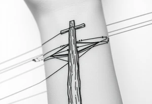 a wooden 12kv distribution pole with electrical lines. Make the pole a cross that has a hidden resemblance to god. tattoo idea