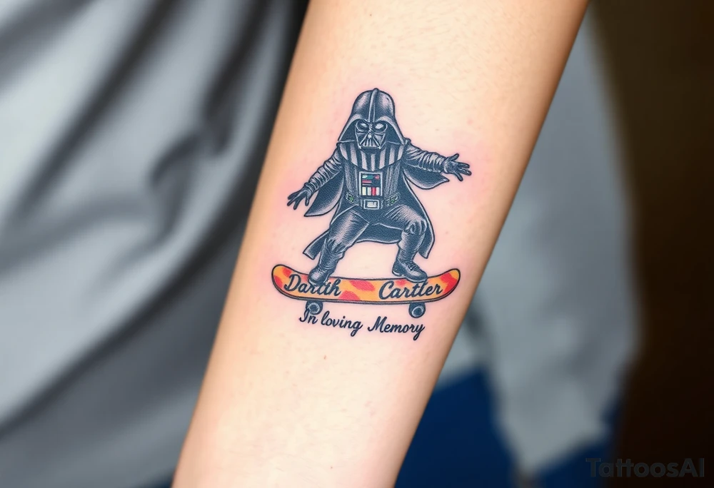 Darth Vader skateboarding > bullets > in loving memory
colorful
skateboard words "Darth Carter"
add date 12/29/88-01/06/24 tattoo idea