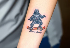 Darth Vader skateboarding > bullets > in loving memory
colorful
skateboard words "Darth Carter"
add date 12/29/88-01/06/24 tattoo idea