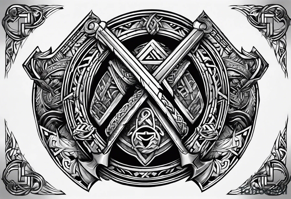 Valhalla  round 
shield axe sword valknut tattoo idea