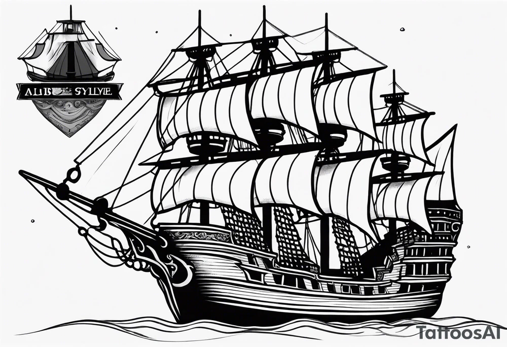 Black and gray pirate ship with the names Albie and Crew tattoo idea