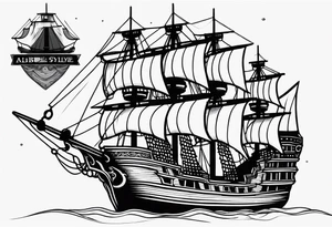 Black and gray pirate ship with the names Albie and Crew tattoo idea