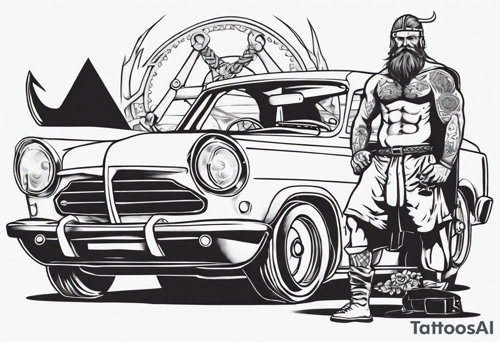 A Viking sitting next to a vintage car being built tattoo idea
