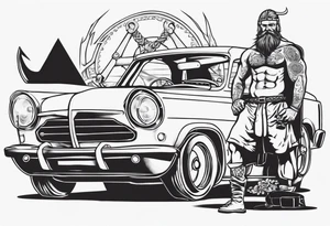 A Viking sitting next to a vintage car being built tattoo idea