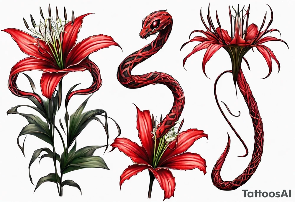 Red spiked spider lily with snake wrapped around stem of the flower. tattoo idea
