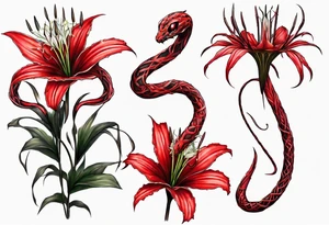 Red spiked spider lily with snake wrapped around stem of the flower. tattoo idea