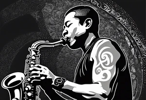 Muay thai boxer playing on tenor saxophone in a jazz club front of a jazz trio band. The notes coming out from the saxophone are turning into buddhist symbols. tattoo idea