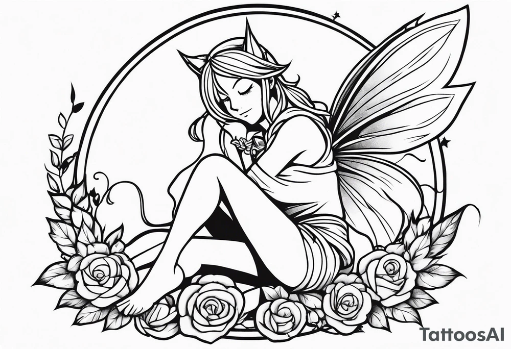 No color fairy with a tail inspired by the logo of the anime show called Fairy Tail in a fetal position leaning in and forward while sleeping tattoo idea