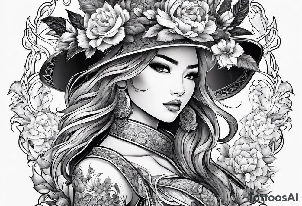 ornate beautiful woman warrior with weapon & floral surrounding tattoo tattoo idea