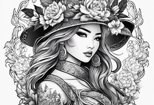 ornate beautiful woman warrior with weapon & floral surrounding tattoo tattoo idea
