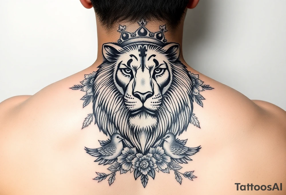 powerful majestic lion with a crown, surrounded by floral ornaments and birds tattoo idea