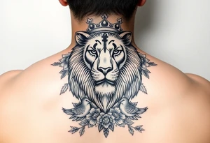 powerful majestic lion with a crown, surrounded by floral ornaments and birds tattoo idea