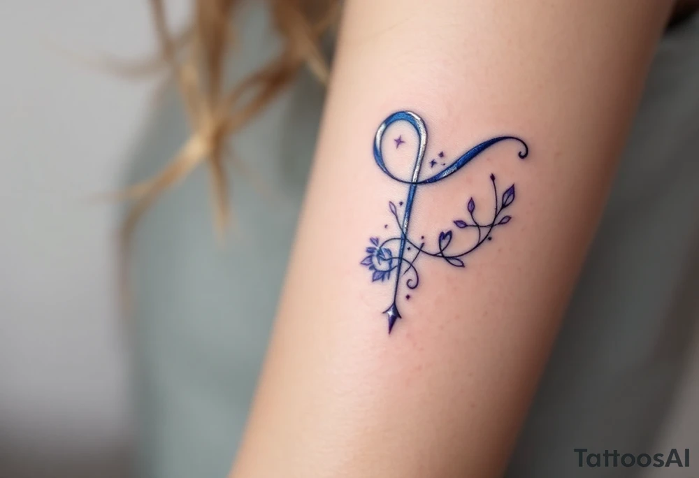 A silver  symbol for love rune with blue accents, surrounded by violet tattoo idea