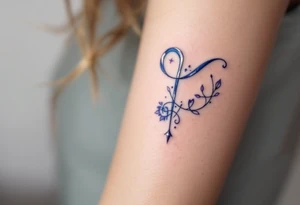 A silver  symbol for love rune with blue accents, surrounded by violet tattoo idea