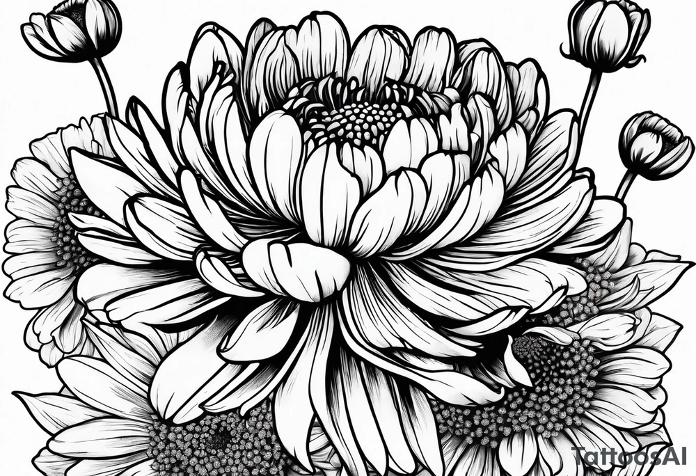 Chrysanthemum with wildflowers, poppy, complimentary flowers tattoo idea