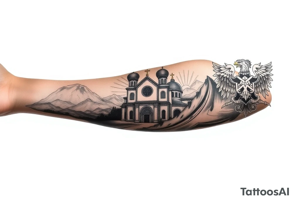 russian orthodox christian left arm tattoo with st basils cathederal in a mountainous setting with clouds with a russian coat of arms tattoo idea