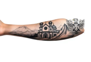 russian orthodox christian left arm tattoo with st basils cathederal in a mountainous setting with clouds with a russian coat of arms tattoo idea