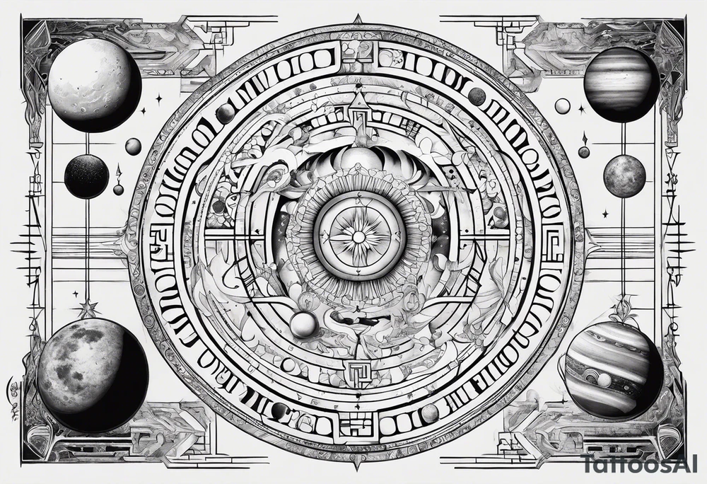 An symbolist representation of the solar system with mysterious hieroglyphs from an unknown language tattoo idea
