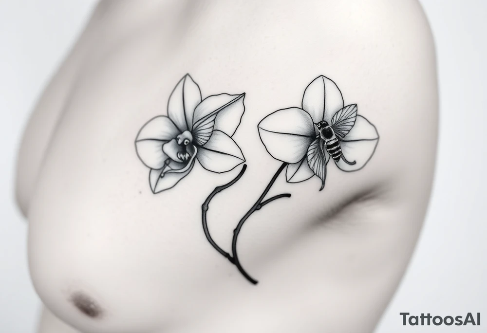 A delicate, black and white fine-line tattoo for male, featuring gracefully detailed 2 orchids in full bloom including their stems, with soft, intricate petals and elegant curves. Beside it, a hummingbird hovers mid-flight, its wings drawn with subtle motion lines, its slender beak reaching toward the orchid’s center to drink its nectar. on the other flower there is a bee that is resting tattoo idea