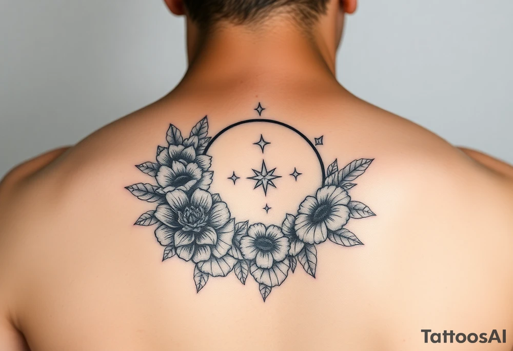 Flower sleeve surrounded by moon and star design tattoo idea Flower sleeve surrounded by moon and star design tattoo idea
