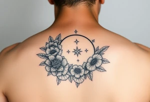 Flower sleeve surrounded by moon and star design tattoo idea