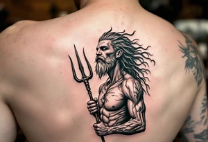 skinny poseidon, behind a trident, looking at the sky tattoo idea