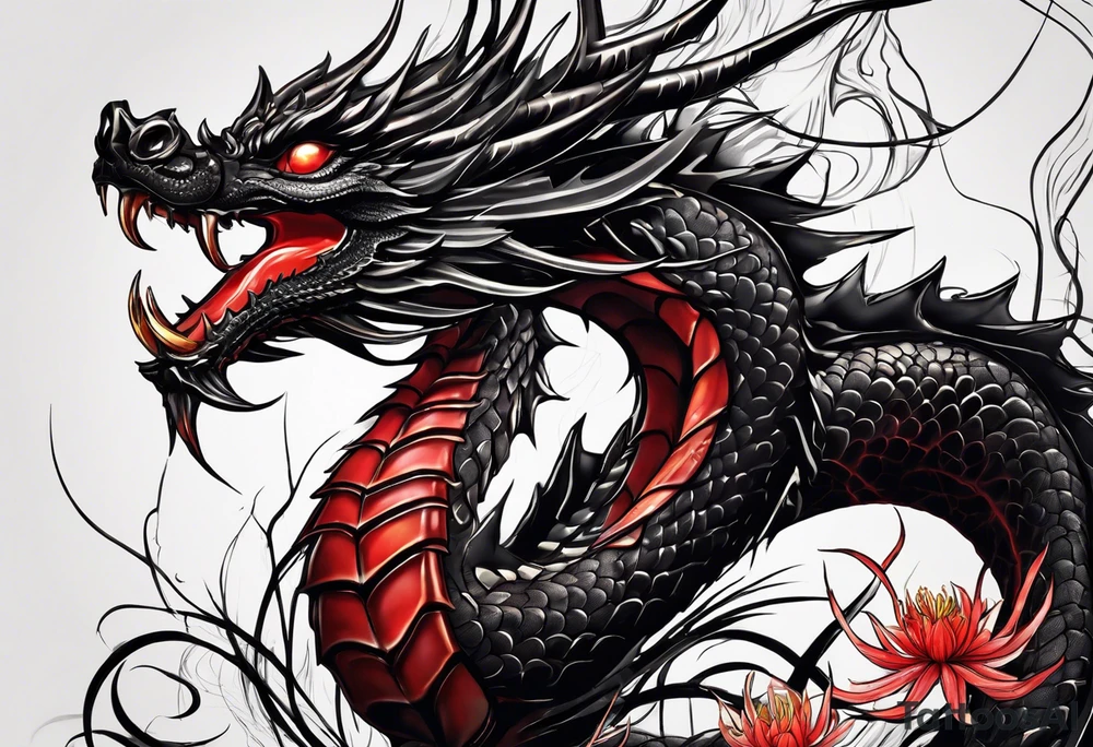 Black dragon. Red spider-lily. Lightning. No background. Arm or Shoulder. tattoo idea