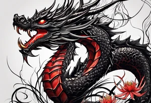 Black dragon. Red spider-lily. Lightning. No background. Arm or Shoulder. tattoo idea
