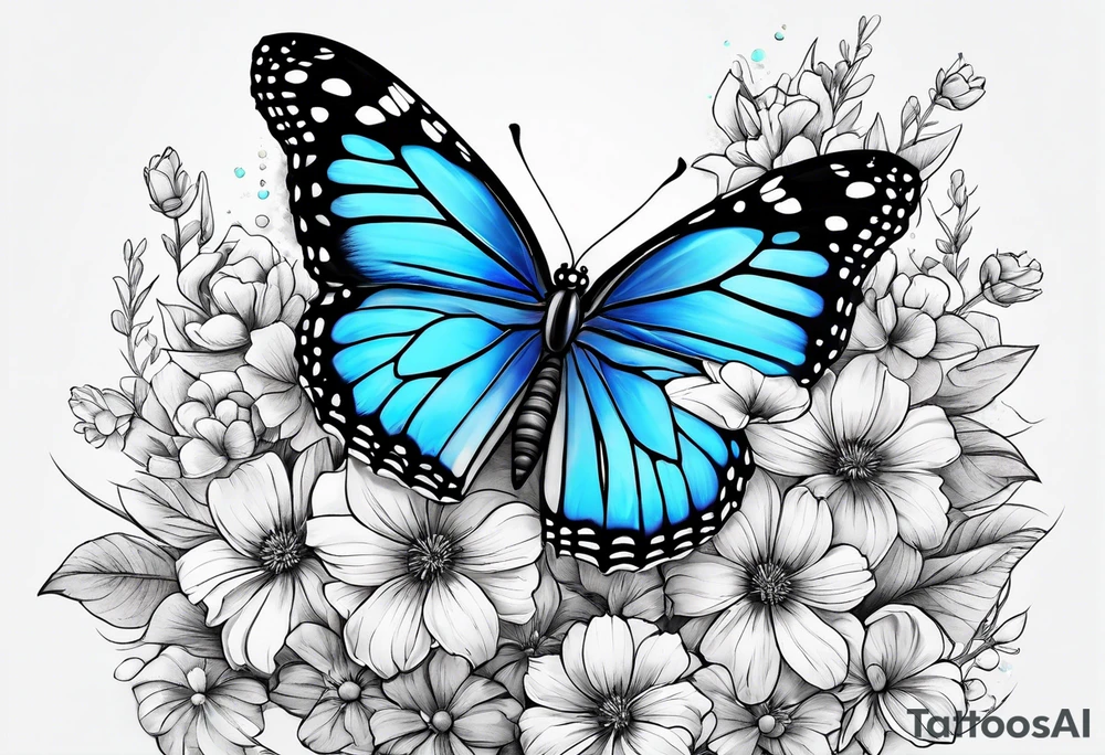 blue monarch butterfly on a line of flowers tattoo idea