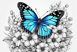 blue monarch butterfly on a line of flowers tattoo idea