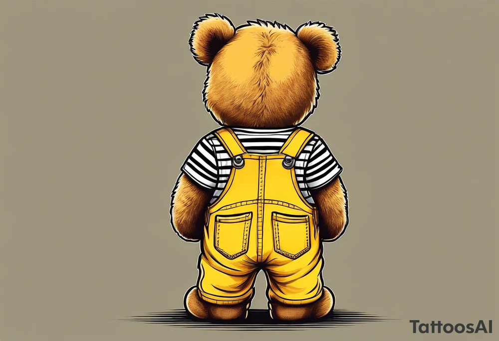 image of the back of a light brown teddy bear standing in yellow overalls, striped tank top and wearing boots tattoo idea