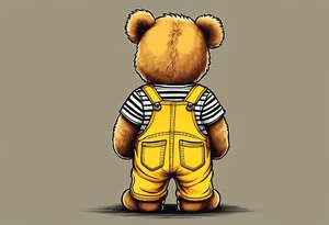 image of the back of a light brown teddy bear standing in yellow overalls, striped tank top and wearing boots tattoo idea
