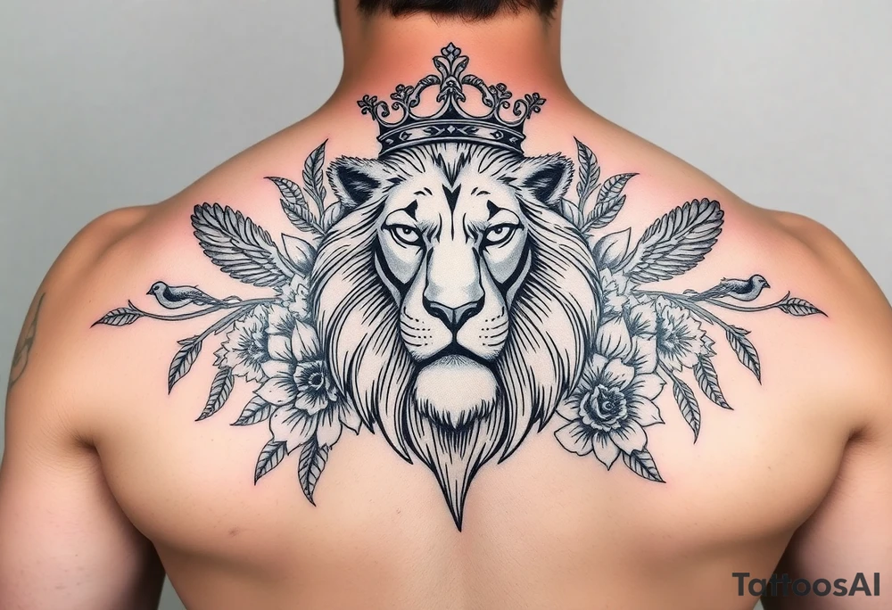 powerful majestic lion with a crown, surrounded by floral ornaments and birds tattoo idea