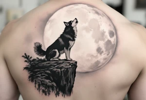 Husky Howling at Moon – Silhouette of a howling husky in dark gray ink, standing on a cliff with a full moon behind in pale off-white and gray shades. tattoo idea