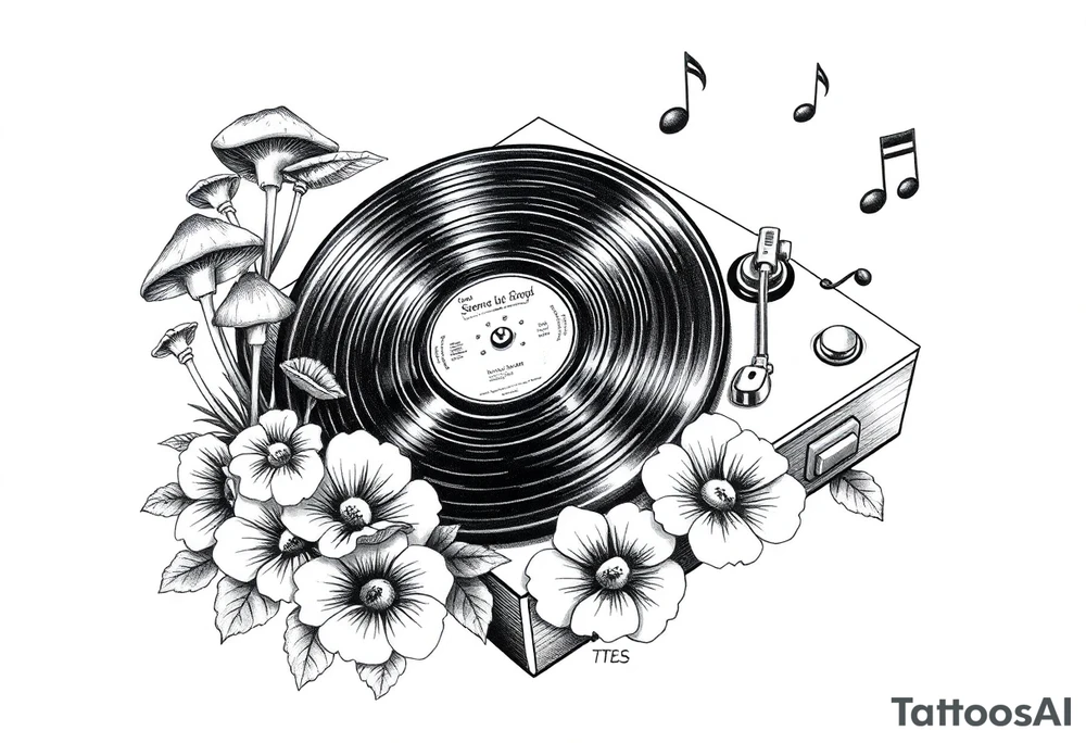 vinyl record player with mushrooms, flowers, and music notes around it tattoo idea