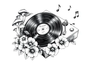 vinyl record player with mushrooms, flowers, and music notes around it tattoo idea