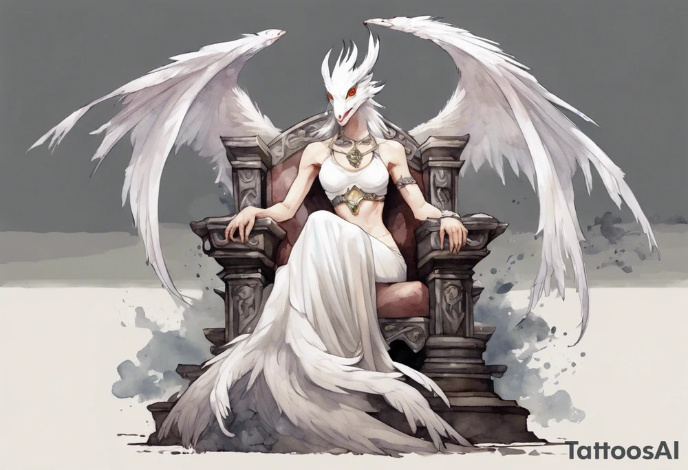 a white bird-wyvern hybrid wearing a plain iron diadem, perched on a stone throne tattoo idea