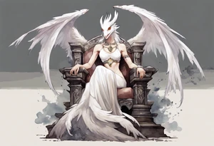 a white bird-wyvern hybrid wearing a plain iron diadem, perched on a stone throne tattoo idea