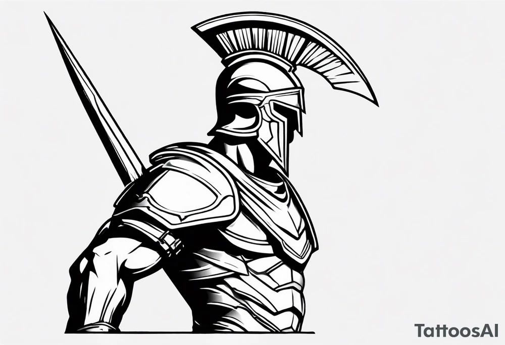 rectangular landscape format ultra-fine line linework vector of a spartan from the side, spartan spear, spartan shield, laurel wreath tattoo idea