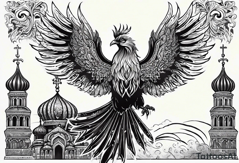 russian firebird in-flight with long fancy tail and 3 small onion cap monastery towers in background, with "Isaiah 43: 18-19" tattoo idea