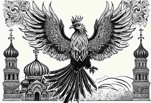 russian firebird in-flight with long fancy tail and 3 small onion cap monastery towers in background, with "Isaiah 43: 18-19" tattoo idea