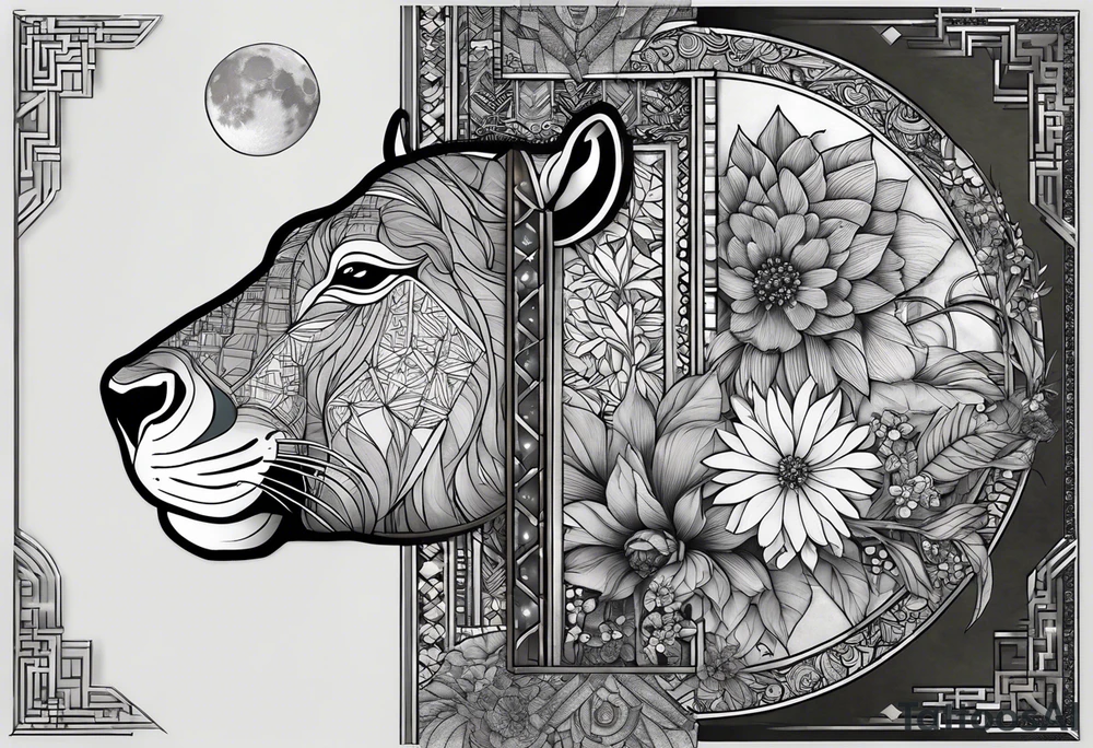 Very asymmetrical, +geometric pattern, with realistic full moon, with hippo at side look, +tribal, +geometric, +inkart , +blackwork, +grey scale, + sketch
with wintersweet flower bud, +inkart touch, +for men, detailed , combined favourite , superimposed with a lion tattoo idea