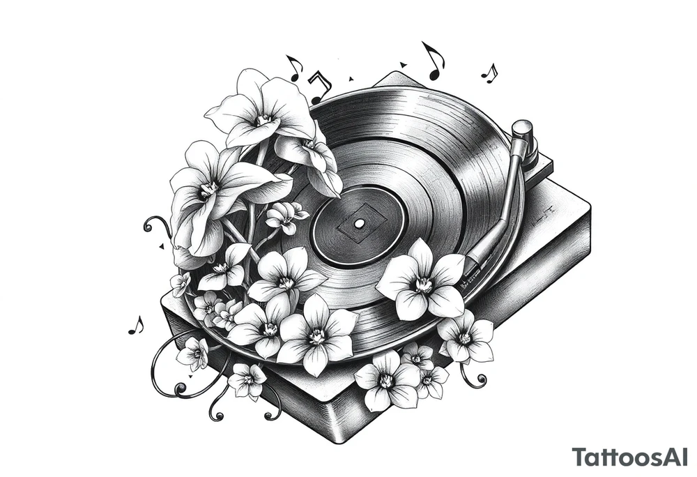 vinyl record player with mushrooms, orchids, and music notes around it tattoo idea