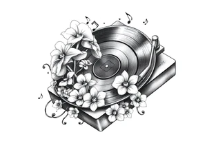 vinyl record player with mushrooms, orchids, and music notes around it tattoo idea