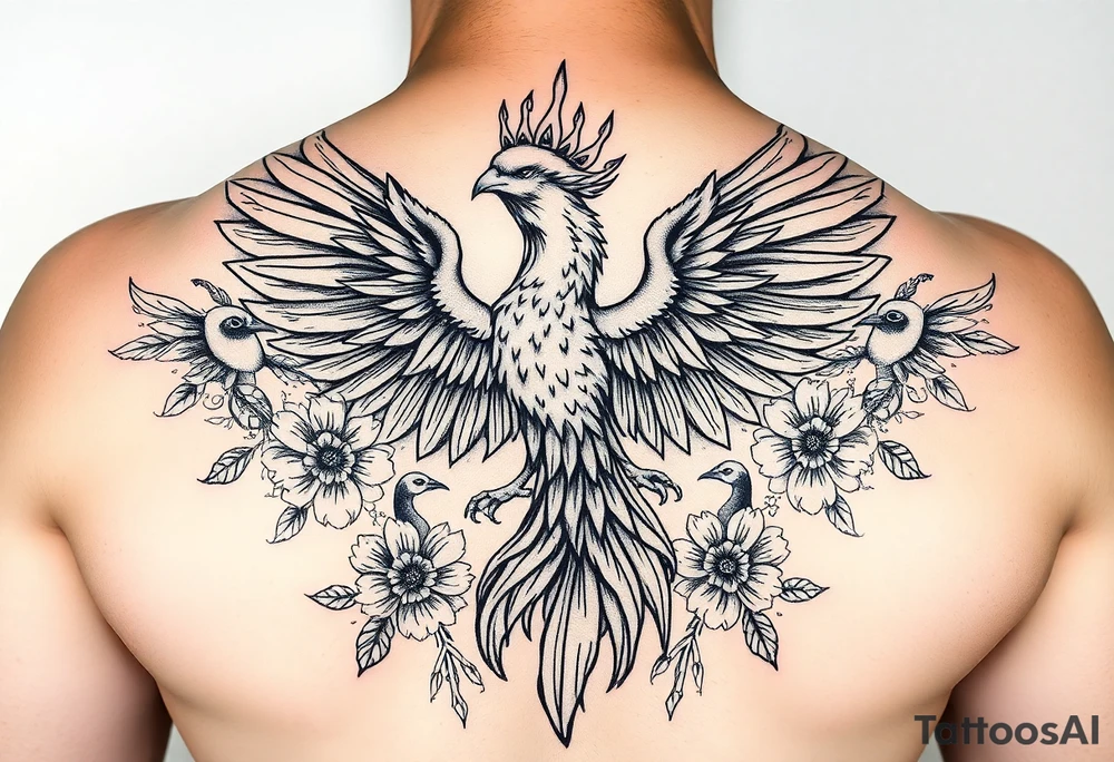 powerful majestic phoenix with crown of fire, surrounded by floral ornaments and birds tattoo idea