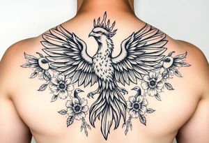 powerful majestic phoenix with crown of fire, surrounded by floral ornaments and birds tattoo idea