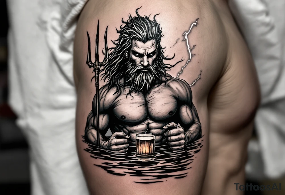 young, fit poseidon in calm water, holding a trident, holding a beer, with lightning tattoo idea